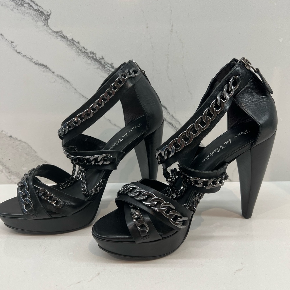 Pour La Victoire black punk goth leather heels w silver chains